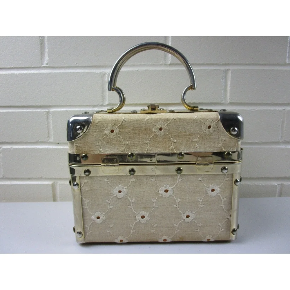 Vintage Fleurette of Miami Split Top Train Case Purse, Italy 1950s Handbag Lined